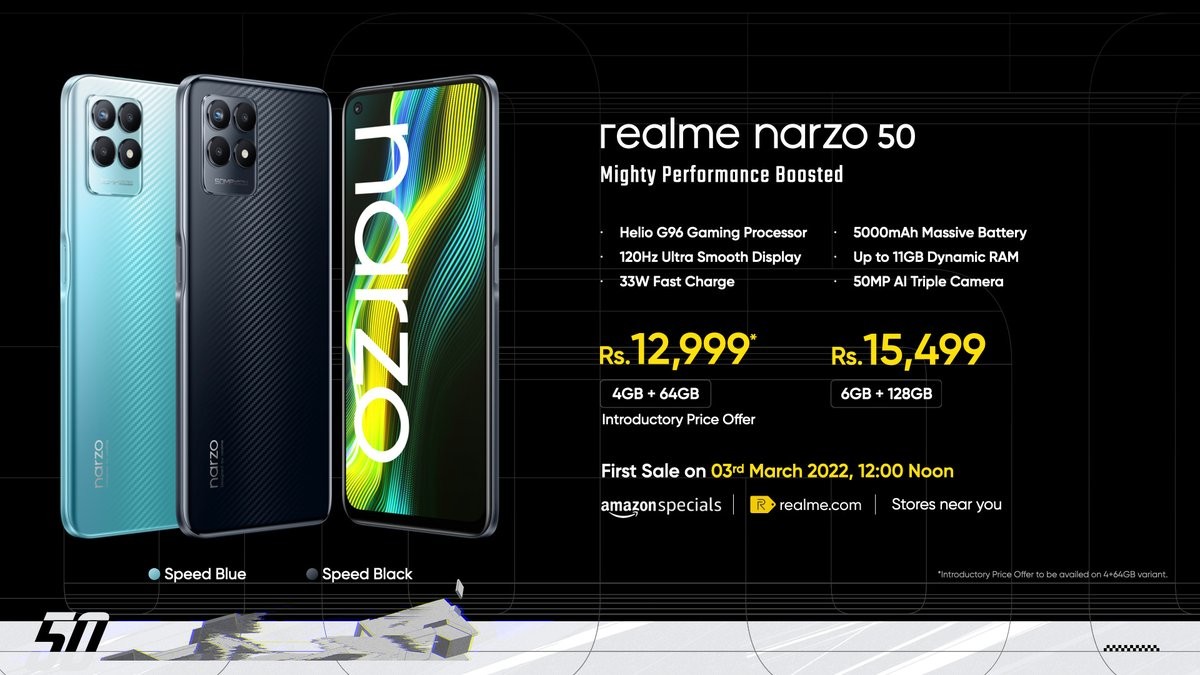 Realme เปิดตัว Narzo 50 พร้อมจอ LCD 120Hz และ Helio G96 เปิดตัว